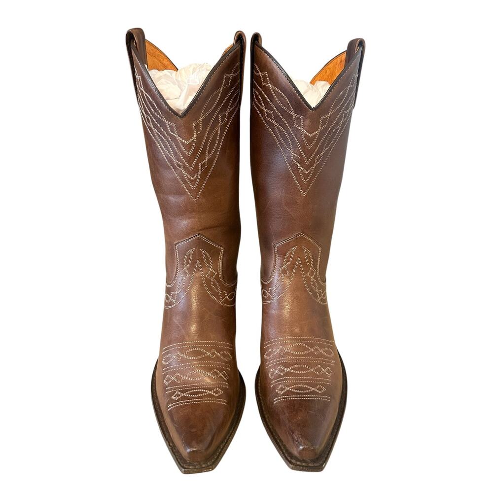 Frye Vintage Brown Leather Mid Calf Pointed Toe Harness Boots Size 7